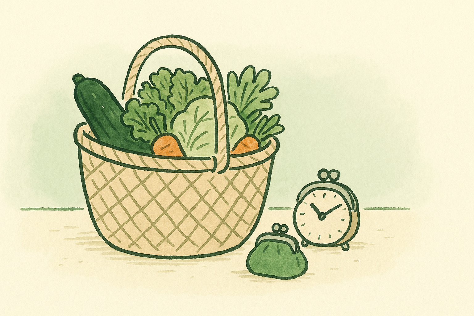 a basket of fresh produce beside a small coin purse and a little clock