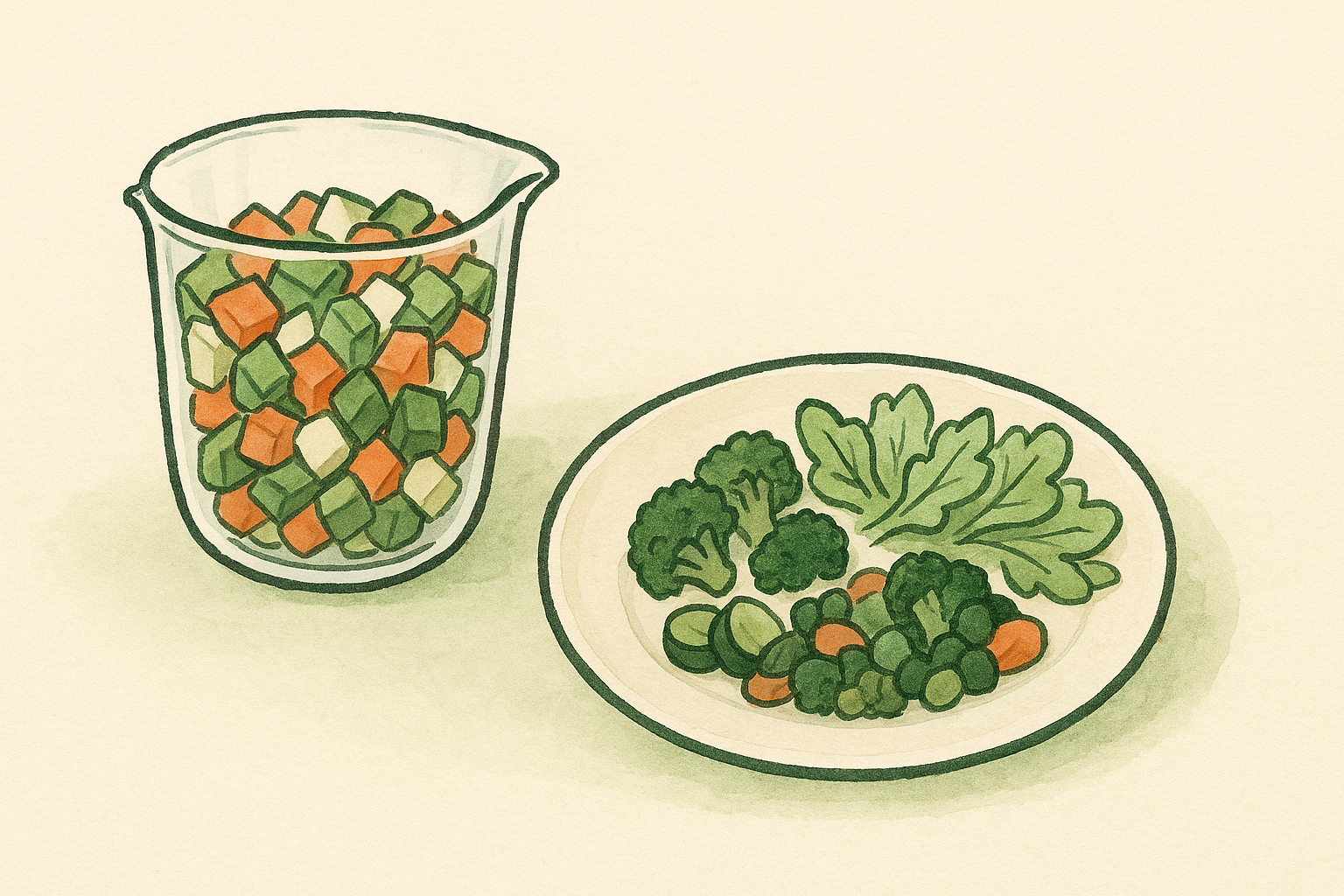 a glass measuring cup of chopped vegetables beside a plate half filled with veg