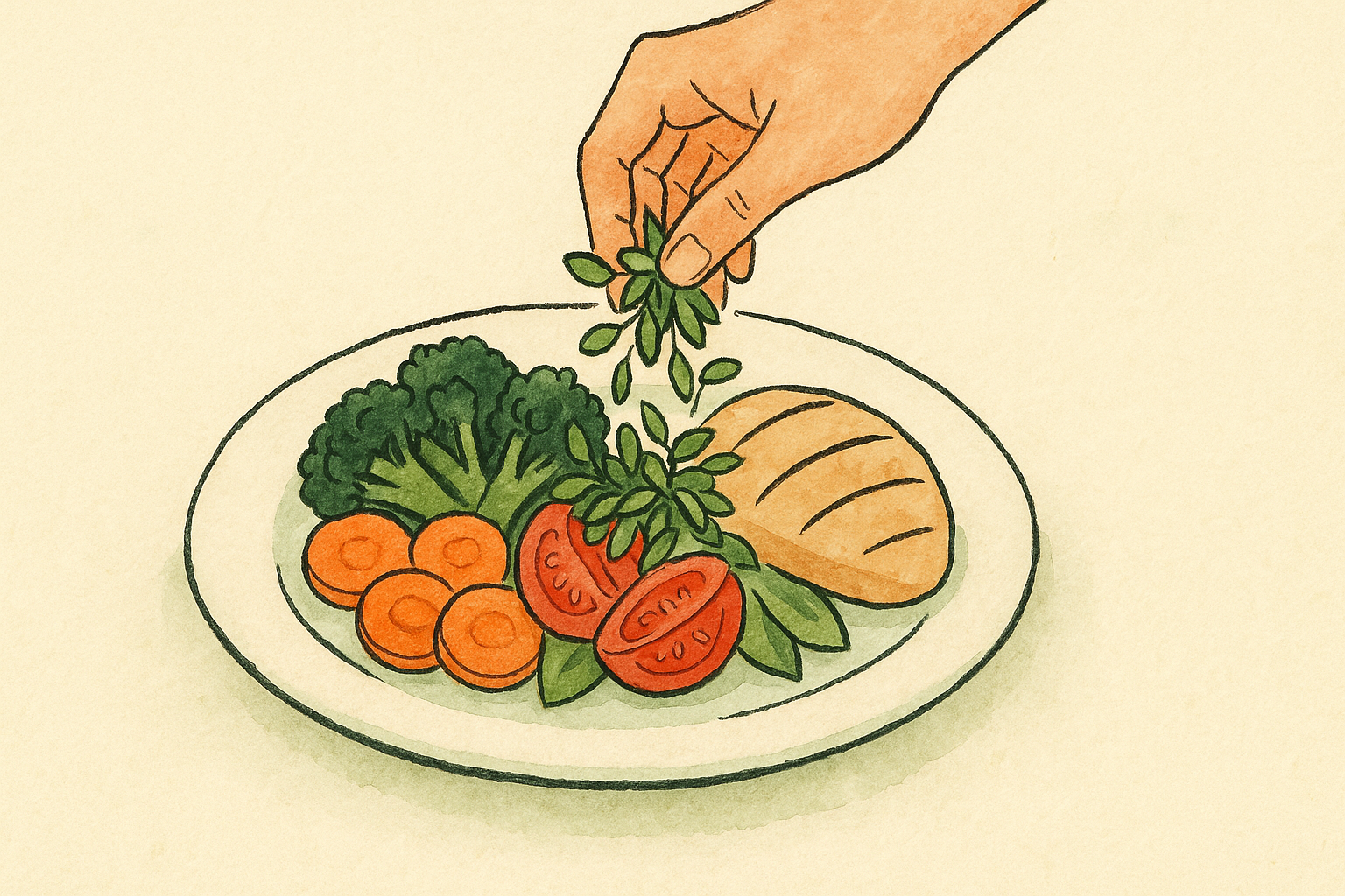 a dinner plate half filled with vegetables topped with a handful of microgreens