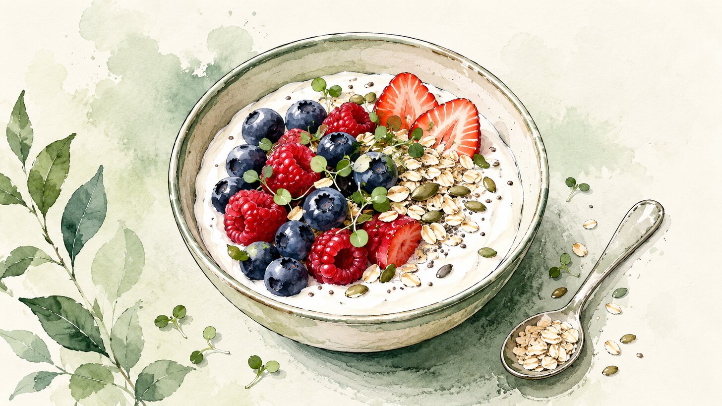 A breakfast bowl of yogurt topped with berries, oats, seeds, and microgreens