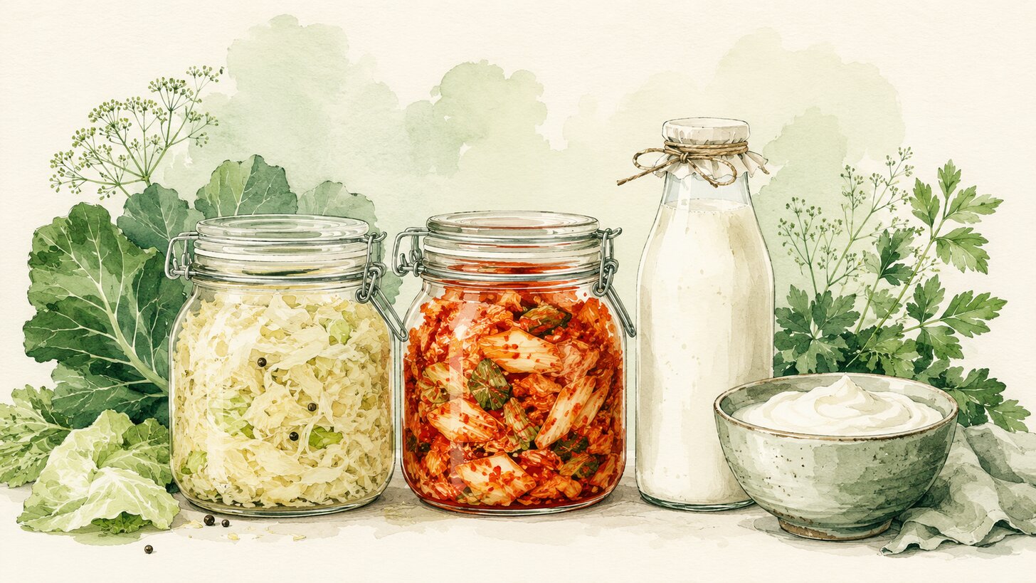 Jars of fermented foods, sauerkraut, kimchi, and kefir beside a bowl of yogurt