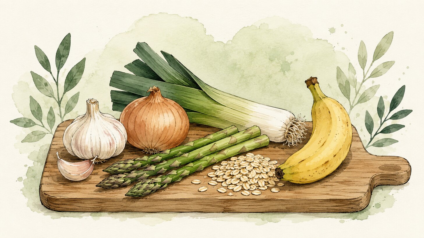 A board of prebiotic foods including garlic, onion, leek, asparagus, oats, and a banana
