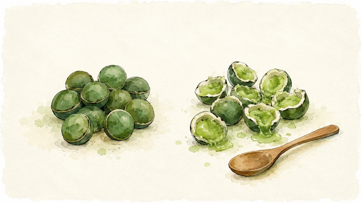 Green spheres sealed shut beside the same spheres cracked open with their centers spilling out
