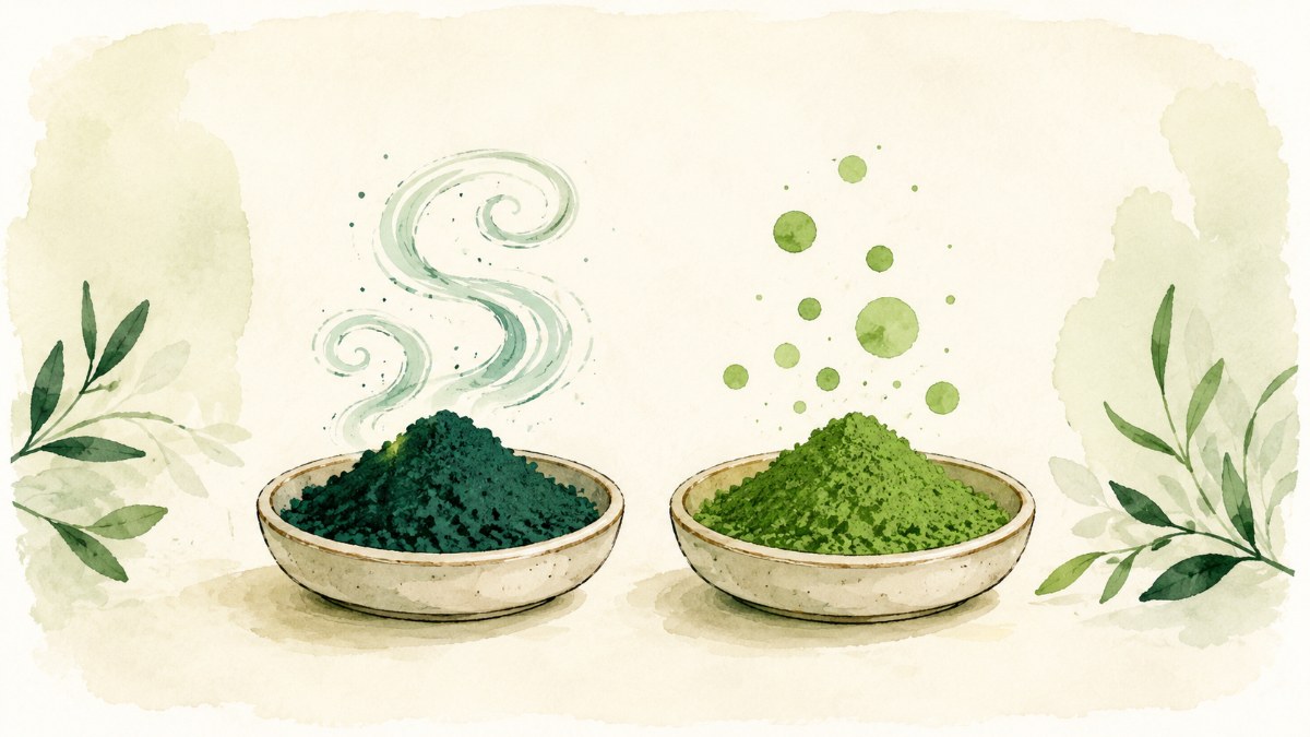 Two small dishes of green powder side by side, one with spiral shapes and one with round shapes
