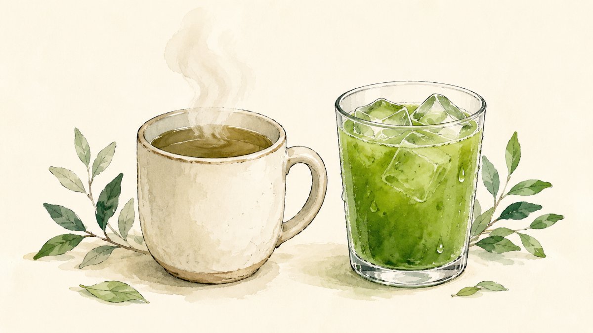 A steaming mug of dull olive liquid beside a bright fresh green spirulina drink over ice