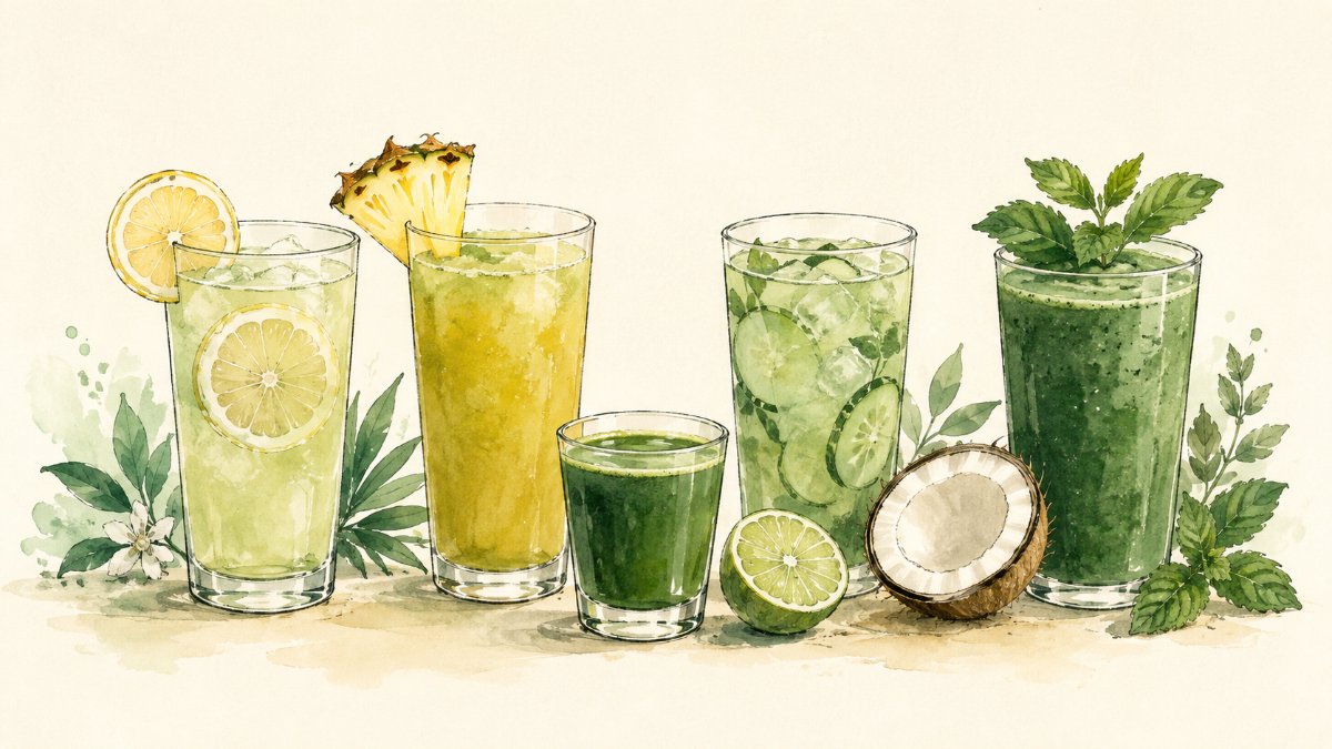 A row of five spirulina drinks in different shades of green with lemon, pineapple, lime and mint
