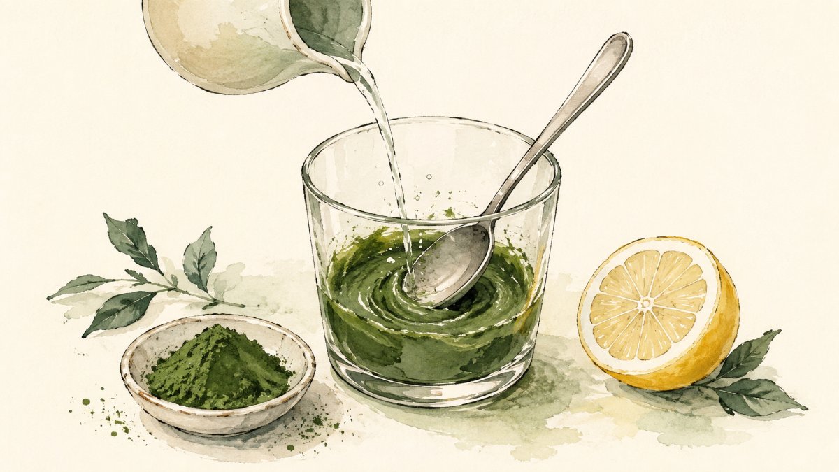 A glass holding a smooth green spirulina paste being stirred with a spoon before the liquid is added