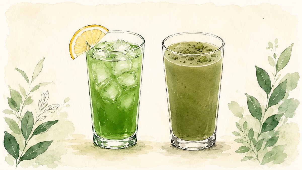 Two glasses side by side, one a bright green iced drink and one a dull murky green drink with clumps