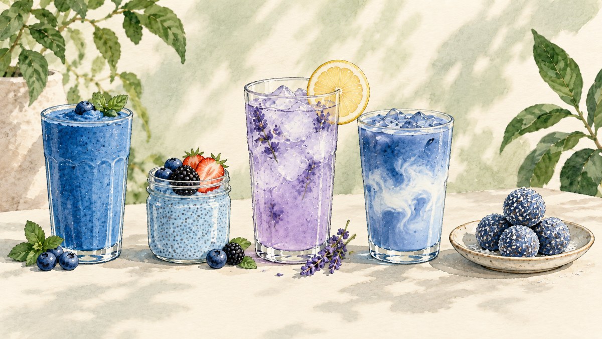 A row of blue spirulina recipes including a smoothie, chia pudding, violet lemonade and an iced latte