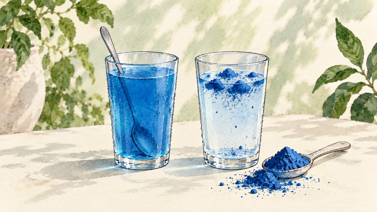 A smooth blue drink beside a clumpy one with powder spilling from an overfull spoon