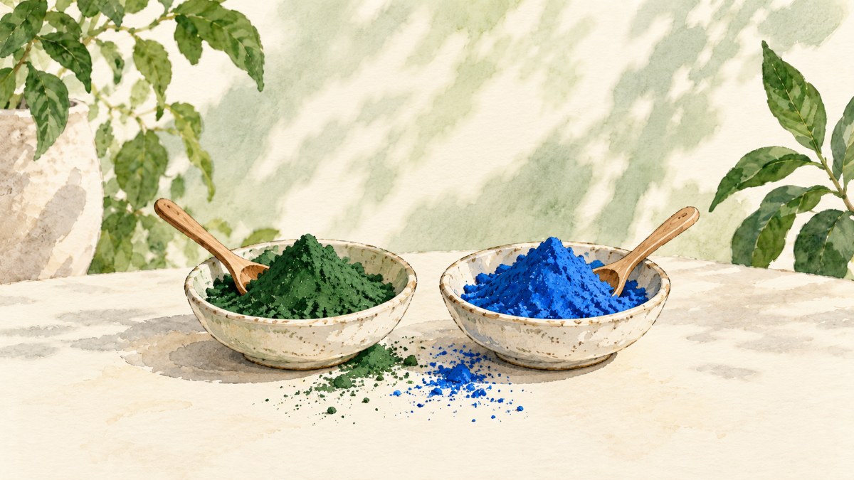 Two small dishes of powder side by side, one green spirulina and one bright blue spirulina