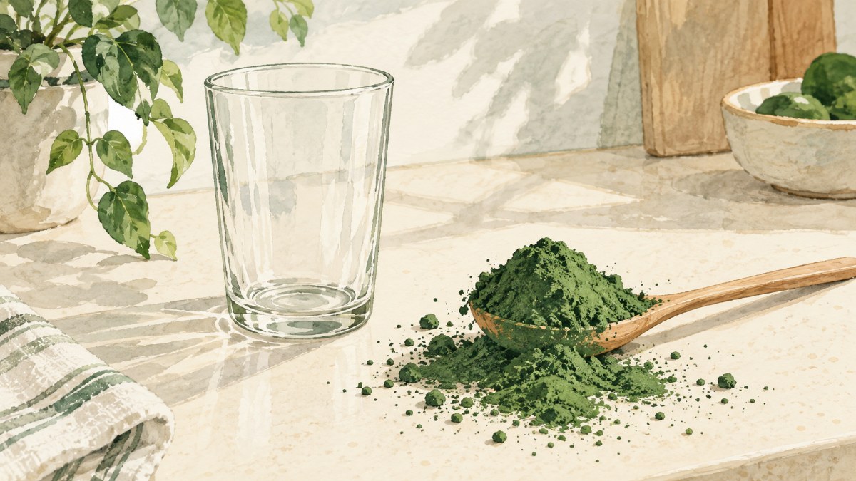 An overfull spoon of green spirulina powder spilling across a counter next to an empty glass