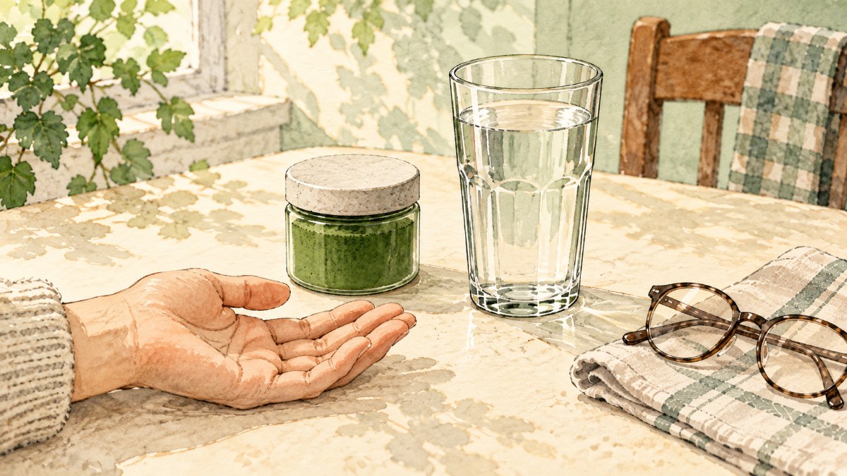A closed tub of green spirulina powder beside an open palm a glass of water and reading glasses