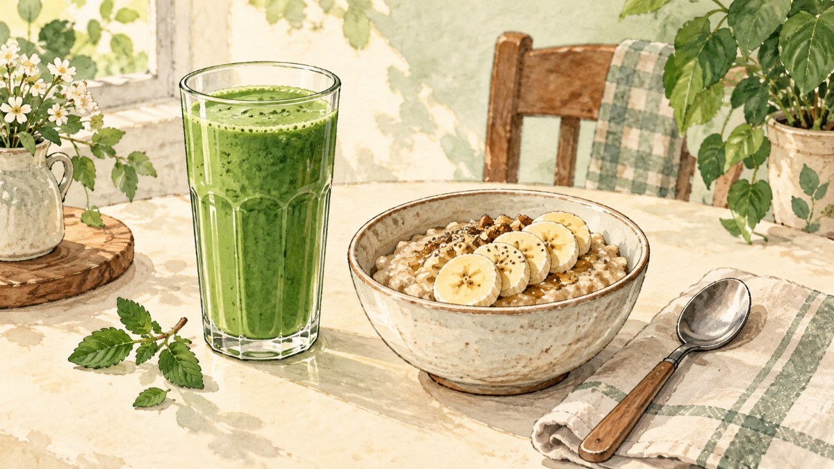 A glass of green spirulina drink beside a bowl of oats and banana on a breakfast table