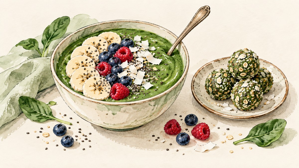 A thick green smoothie bowl topped with banana and berries beside a plate of green energy bites