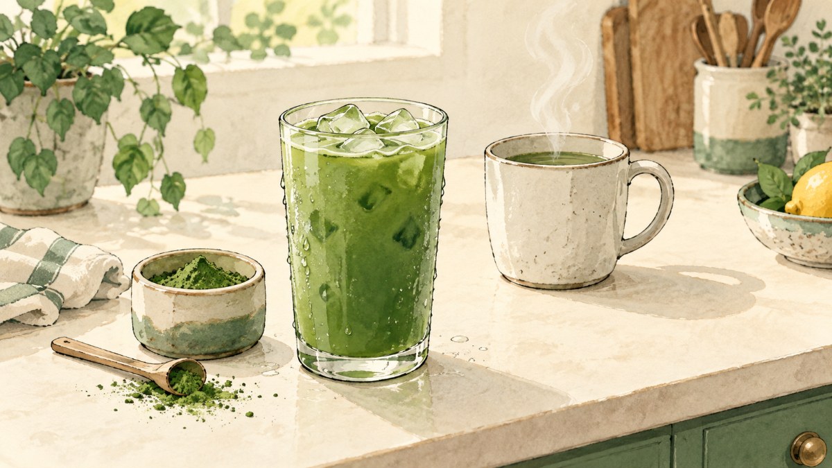 A cold glass of bright green spirulina drink beside a steaming mug of dull grey green liquid