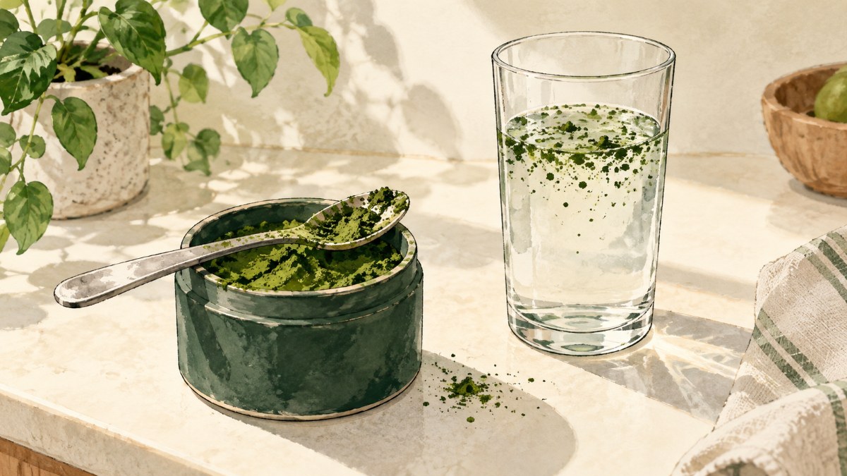 An open tub of spirulina with a wet spoon on the rim beside a glass of water with green powder floating in clumps