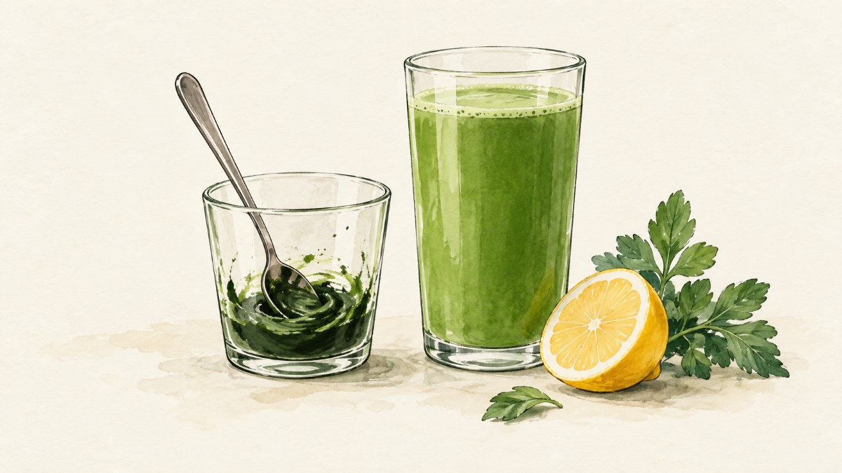 A small glass with spirulina stirred into a smooth paste beside a tall glass of even green drink and a lemon half