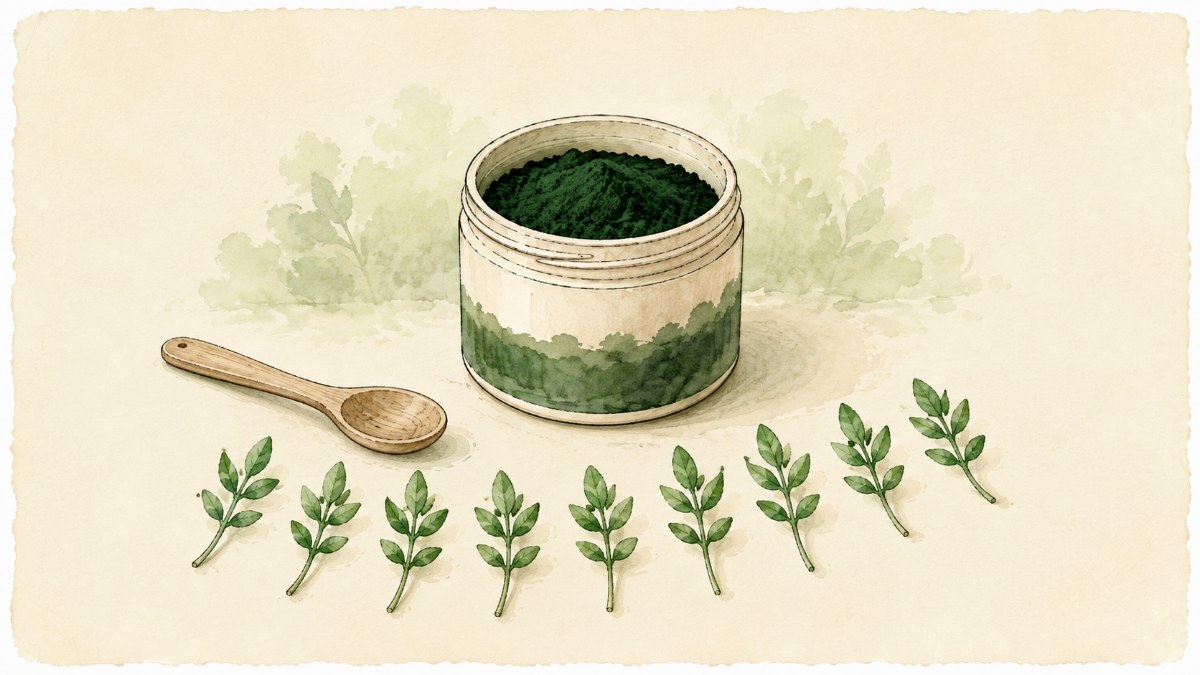 A tub of green powder beside an arc of nine small green sprigs