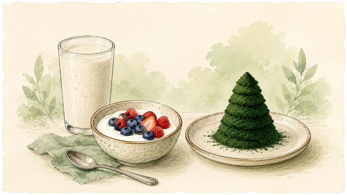 A shake and a bowl of yogurt beside a tall heap of green powder on a plate