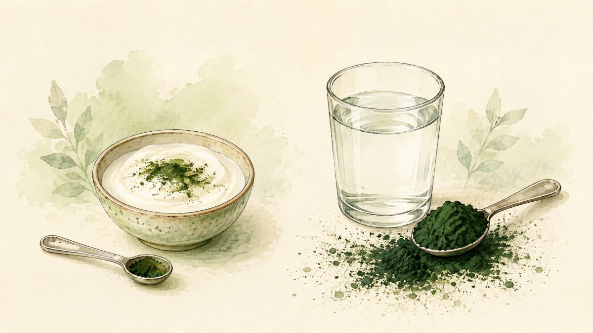 A bowl of yogurt dusted with green powder beside a glass of water and an overflowing spoon