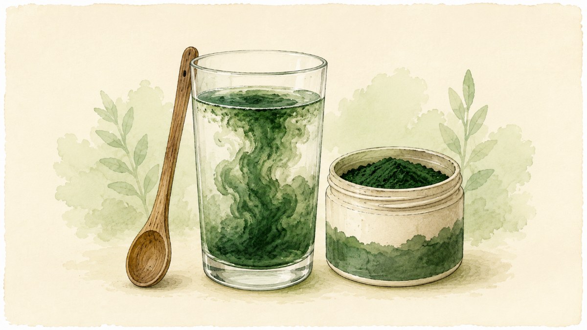 Green spirulina powder dissolving smoothly into a glass of water