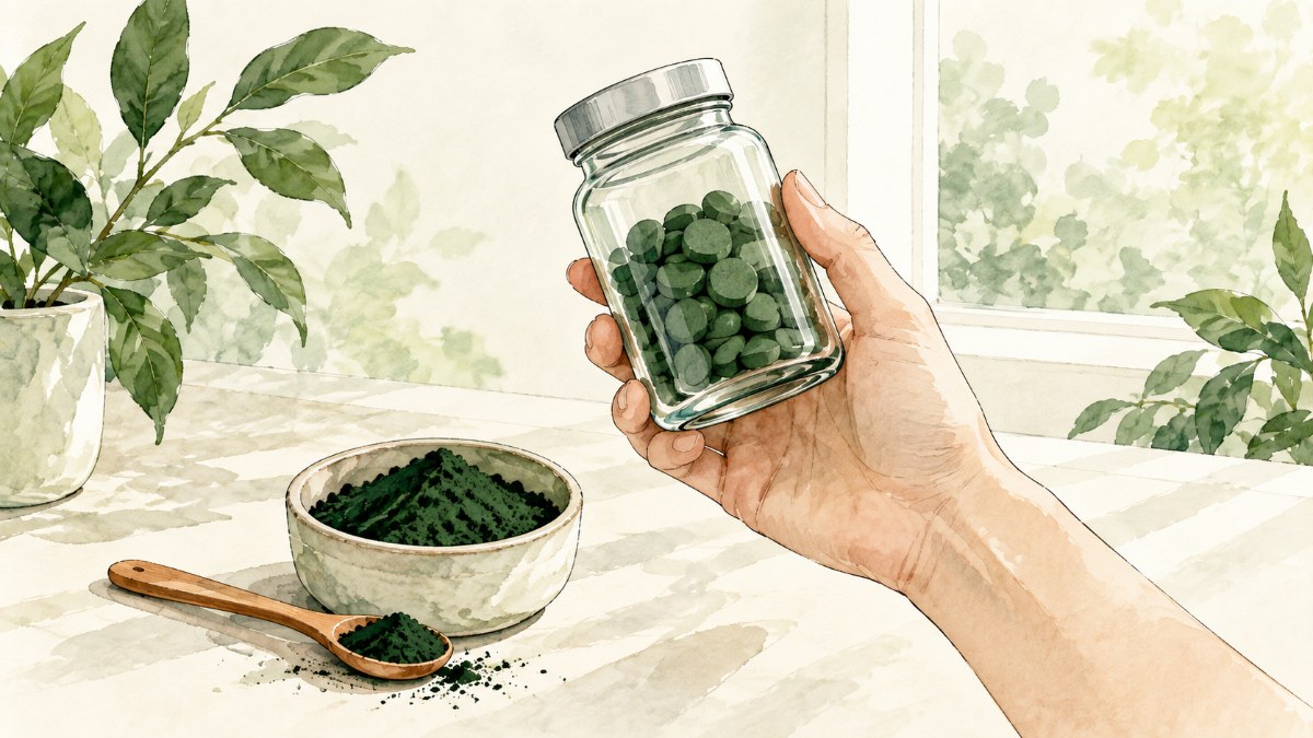 A hand holding a jar of spirulina tablets up to the light beside a bowl of powder