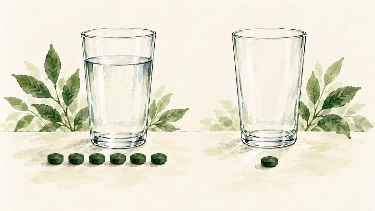 A row of six spirulina tablets beside a full glass of water next to a single lone tablet