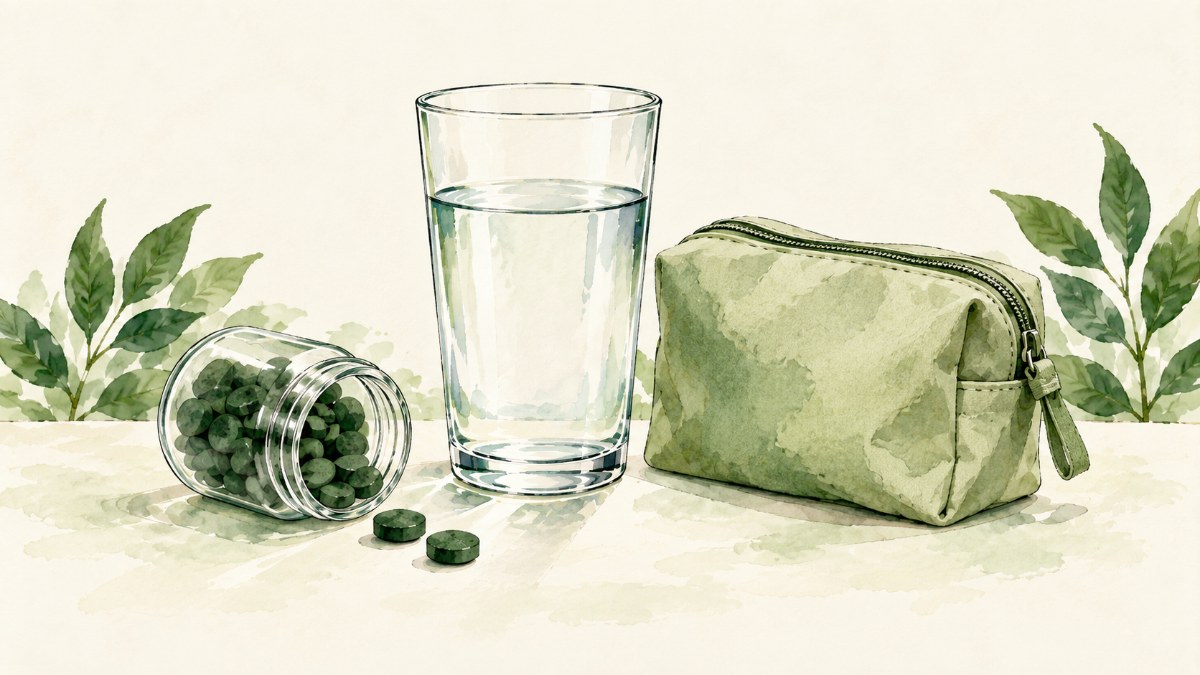 A small travel jar of spirulina tablets beside a glass of water and a soft bag