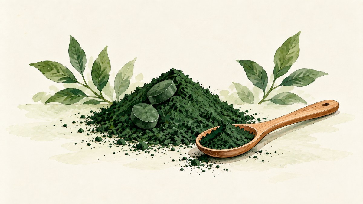 A mound of green spirulina powder with a wooden spoon beside it